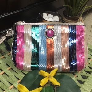 Coach Sequined Multi Colored Striped Wristlet